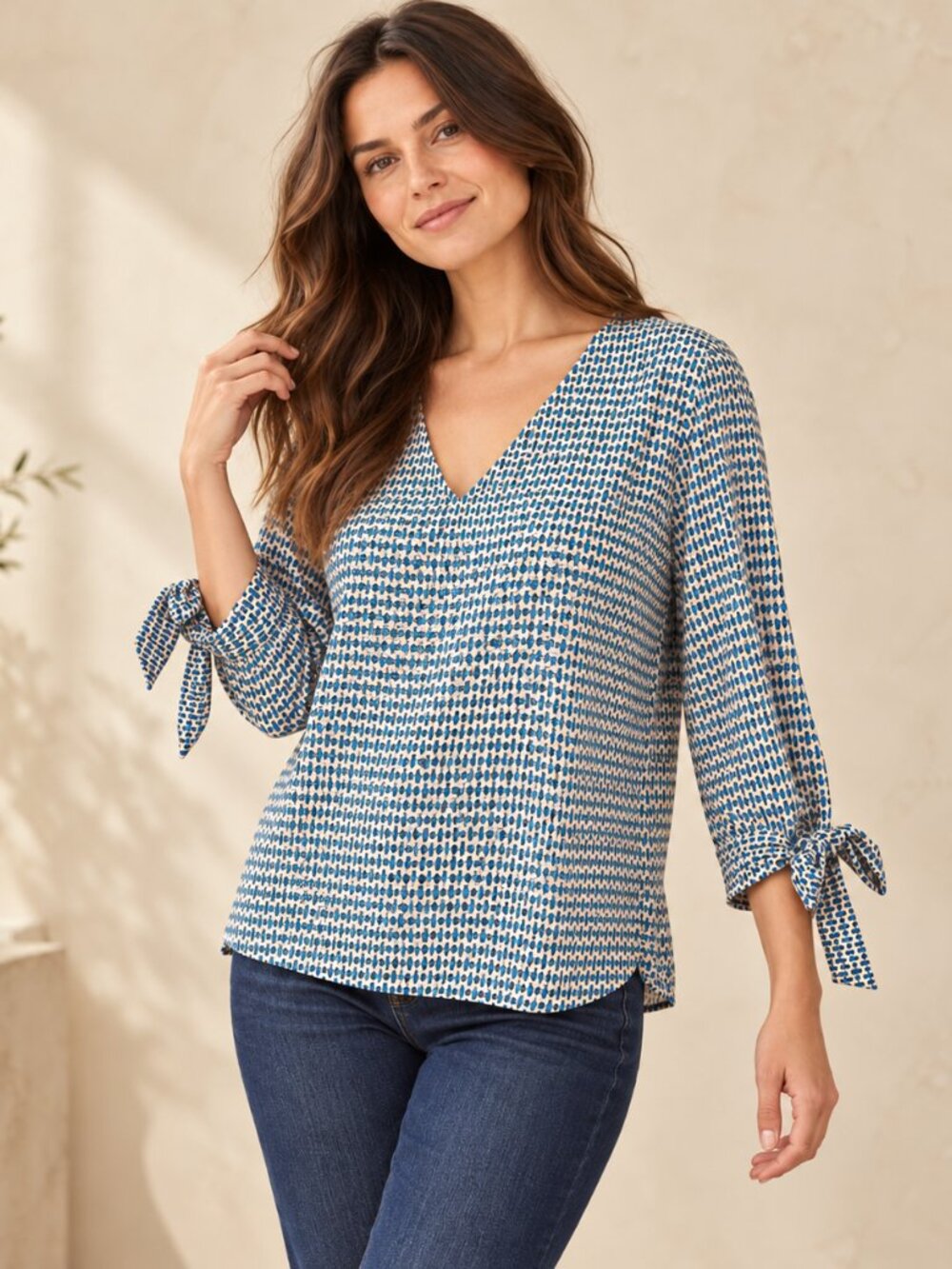 CeCe Geometric Print Tie Sleeve V-Neck Blouse Blue Cream Size Medium